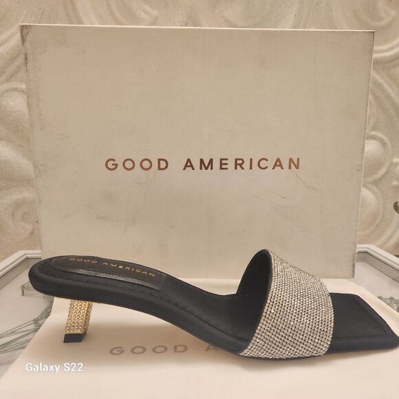 Good American Shoes - NIB Good American KickStand SLIDE Sandal Kitten Heels Women's Black Diam…